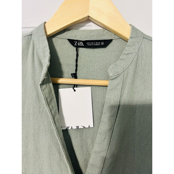 NEW Zara 100% Linen Shirt Womens Small Button Front V Neck Rollup Sleeves Green - Picture 4 of 5